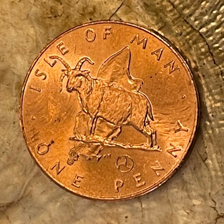 Manx 4-Horn Loaghtan Sheep 1 Penny Isle of Man Authentic Coin Money for Jewelry and Craft Making (Map of Isle of Man) (Triskele)