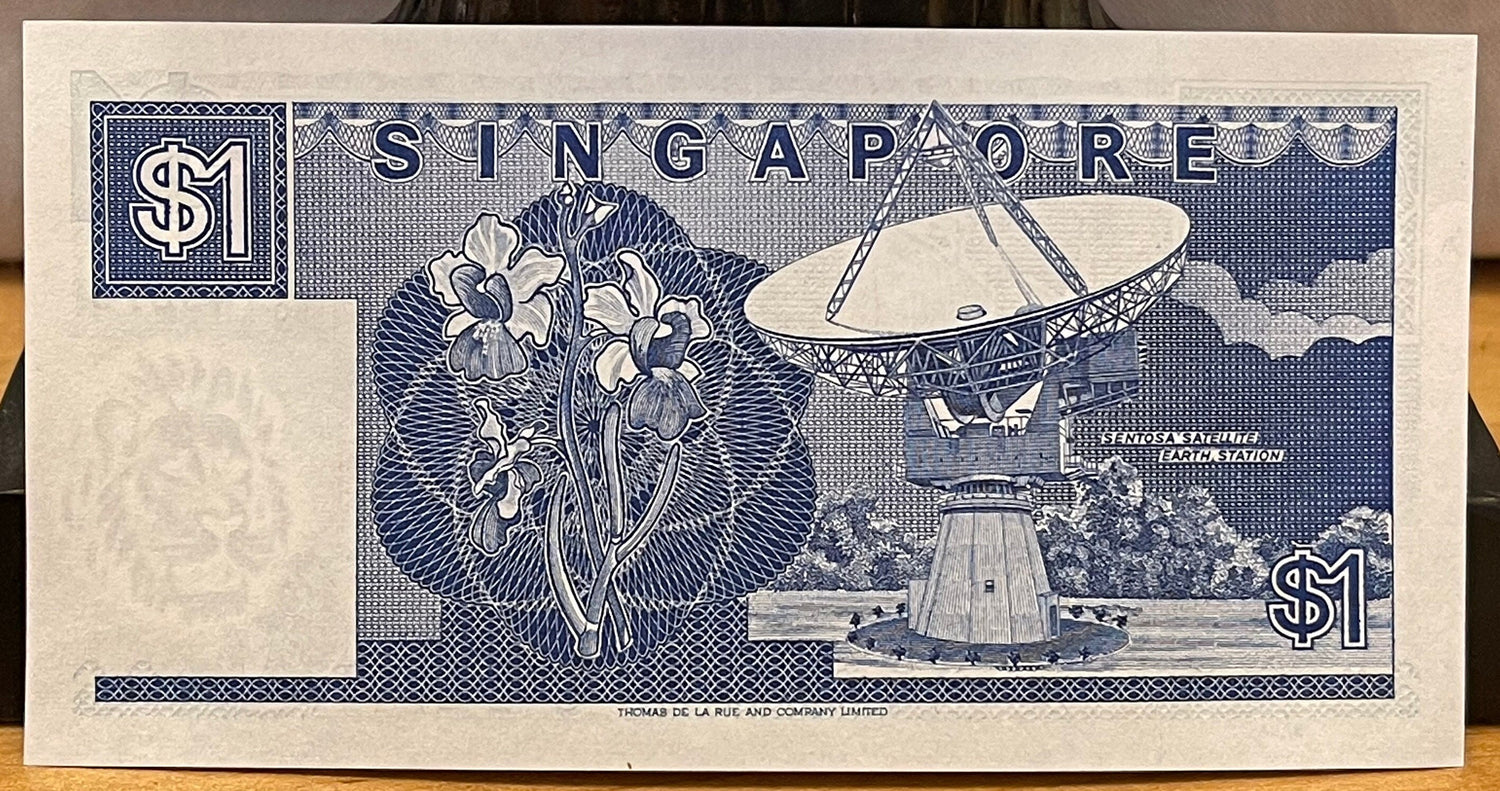 Sha-ch'uan Trading Junk & Sentosa Satellite Earth Station 1 Dollar Singapore Authentic Banknote Money for Jewelry and Collage (Orchid) 1987