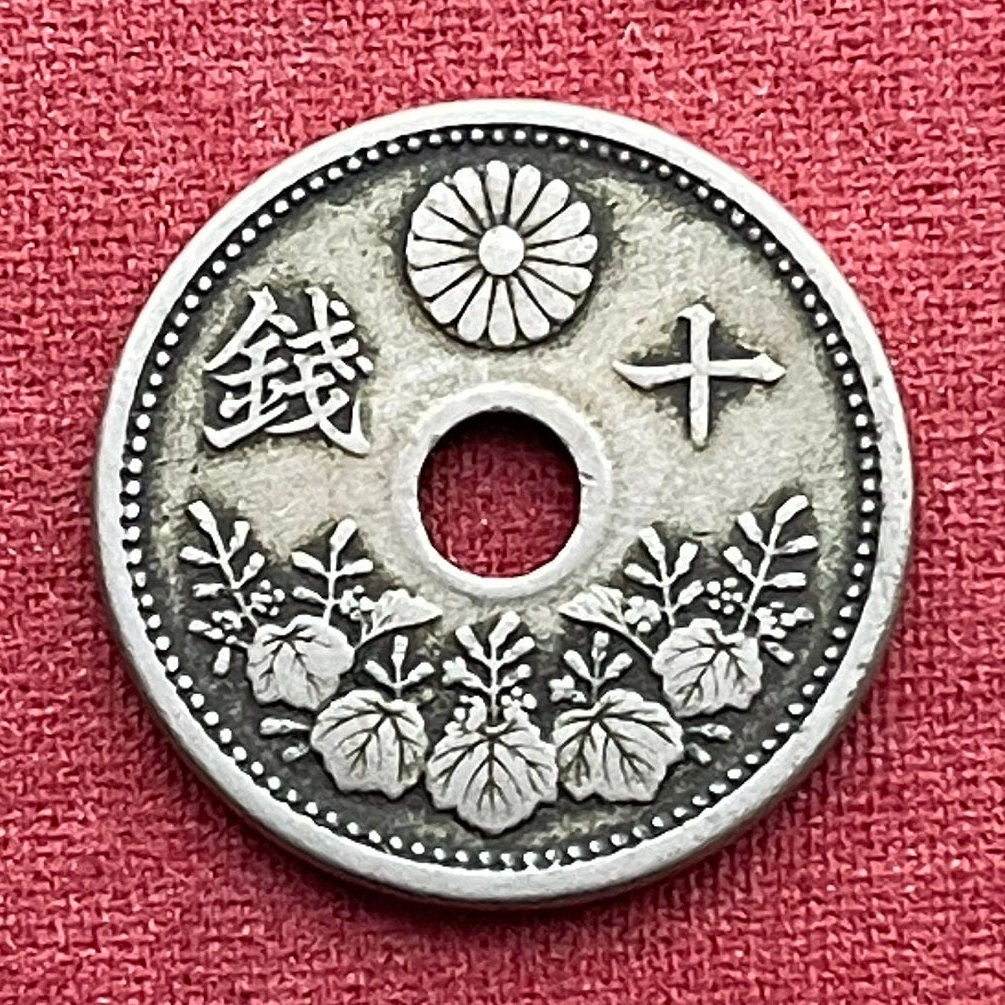 Princess Tree (Taisho Era) & Chrysanthemum 10 Sen Japan Authentic Coin Money for Jewelry and Craft Making (Hole in Coin) (Paulownia)