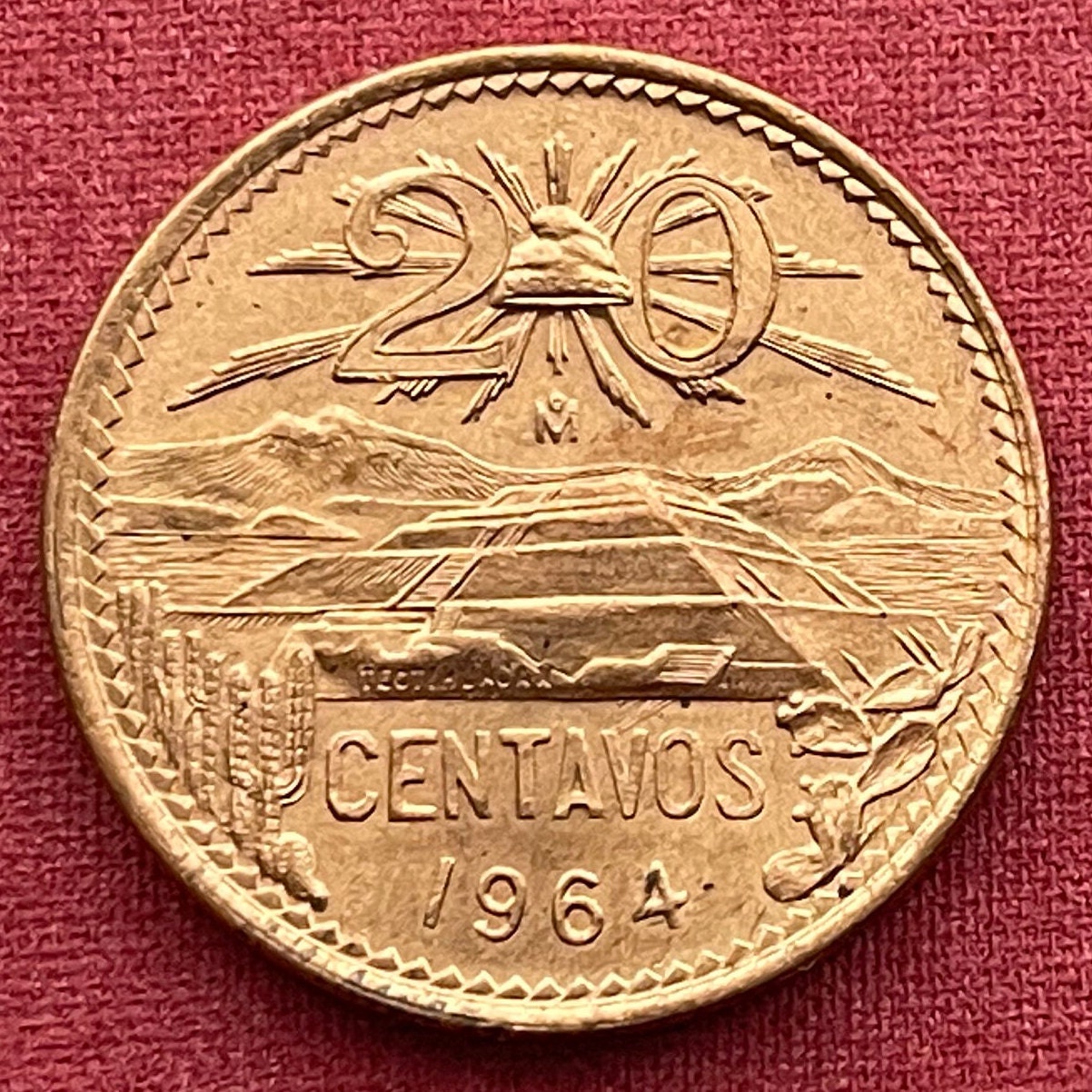 Teotihuacán Pyramid of Sun, Popocatépetl and Iztaccíhuatl Volcanoes & Eagle with Snake 20 Centavos Mexico Authentic Coin Money for Jewelry