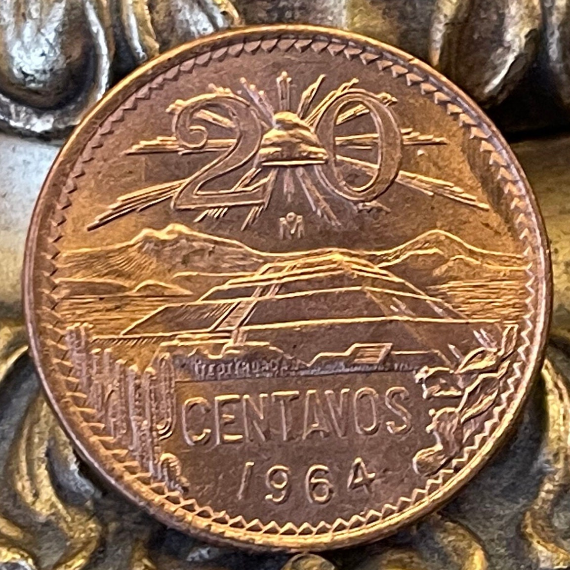 Teotihuacán Pyramid of Sun, Popocatépetl and Iztaccíhuatl Volcanoes & Eagle with Snake 20 Centavos Mexico Authentic Coin Money for Jewelry