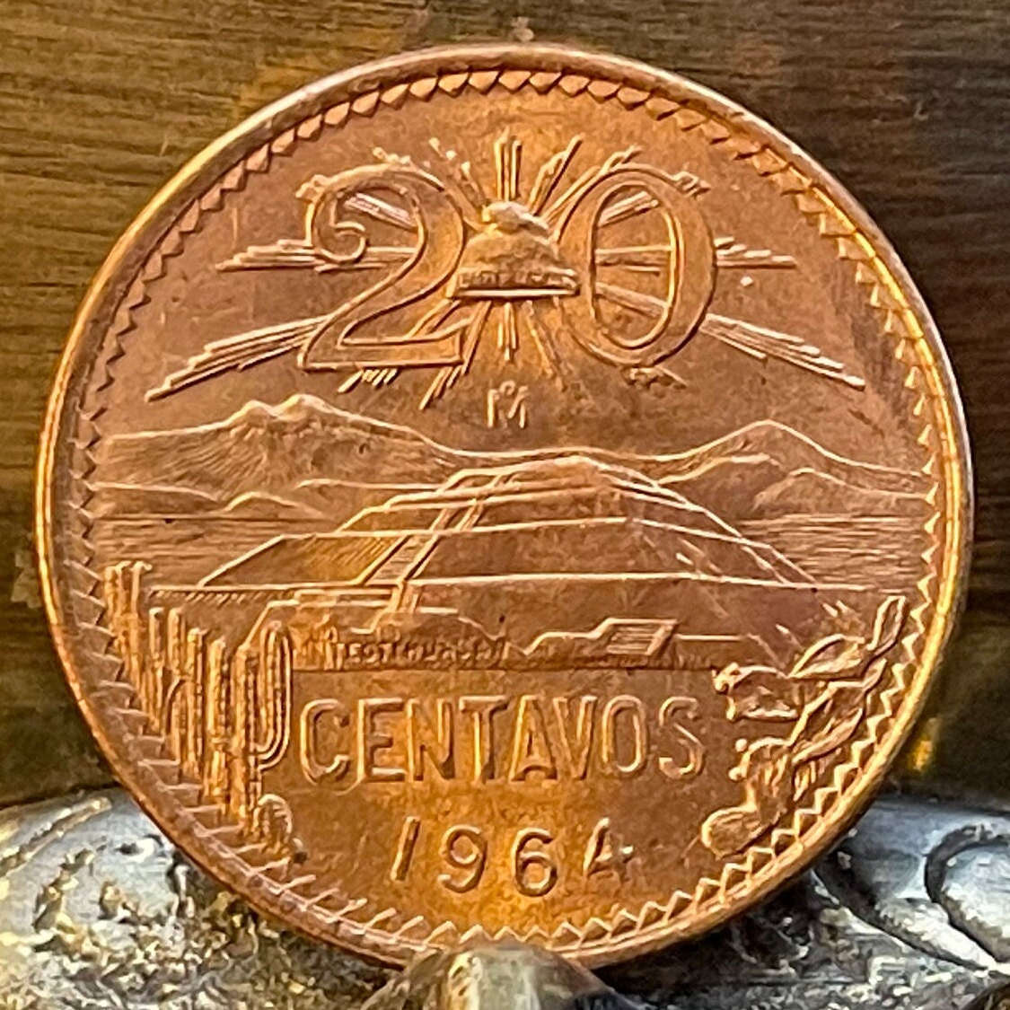 Teotihuacán Pyramid of Sun, Popocatépetl and Iztaccíhuatl Volcanoes & Eagle with Snake 20 Centavos Mexico Authentic Coin Money for Jewelry
