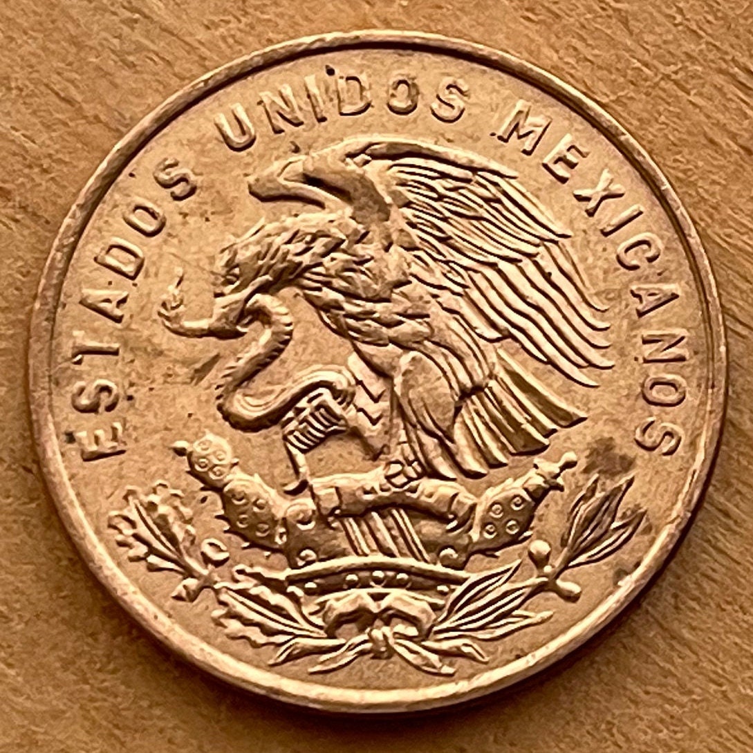 Teotihuacán Pyramid of Sun, Popocatépetl and Iztaccíhuatl Volcanoes & Eagle with Snake 20 Centavos Mexico Authentic Coin Money for Jewelry