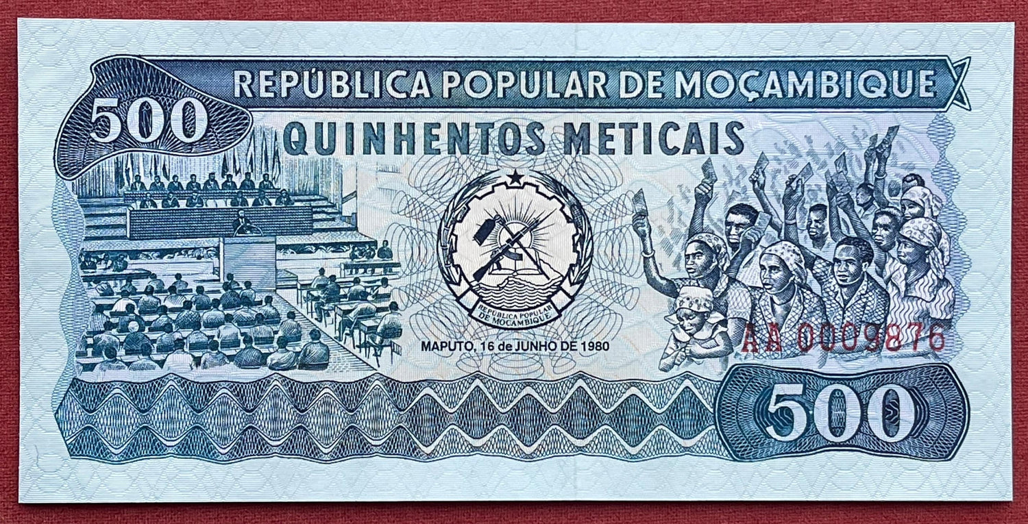Voters and President Samora Machel with Peoples Assembly & Scientists, Teacher, Students 500 Meticais Mozambique Authentic Banknote Money