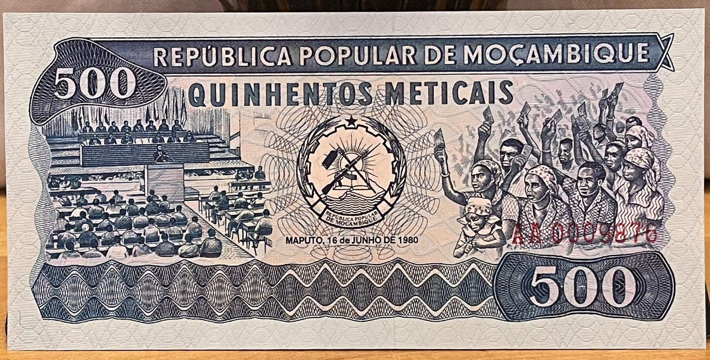 Voters and President Samora Machel with Peoples Assembly & Scientists, Teacher, Students 500 Meticais Mozambique Authentic Banknote Money