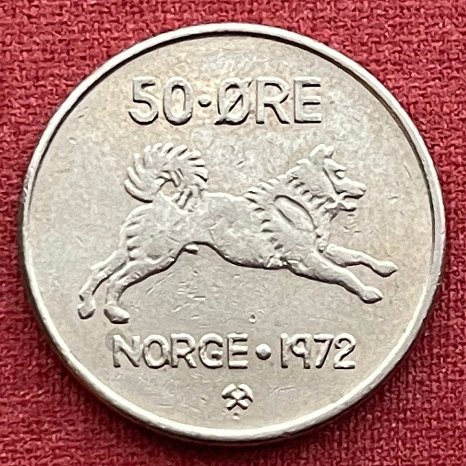 Norwegian Elkhound & King Olav V 50 ØRE Norway Authentic Coin Money for Jewelry and Craft Making (National Dog) (The People's King)