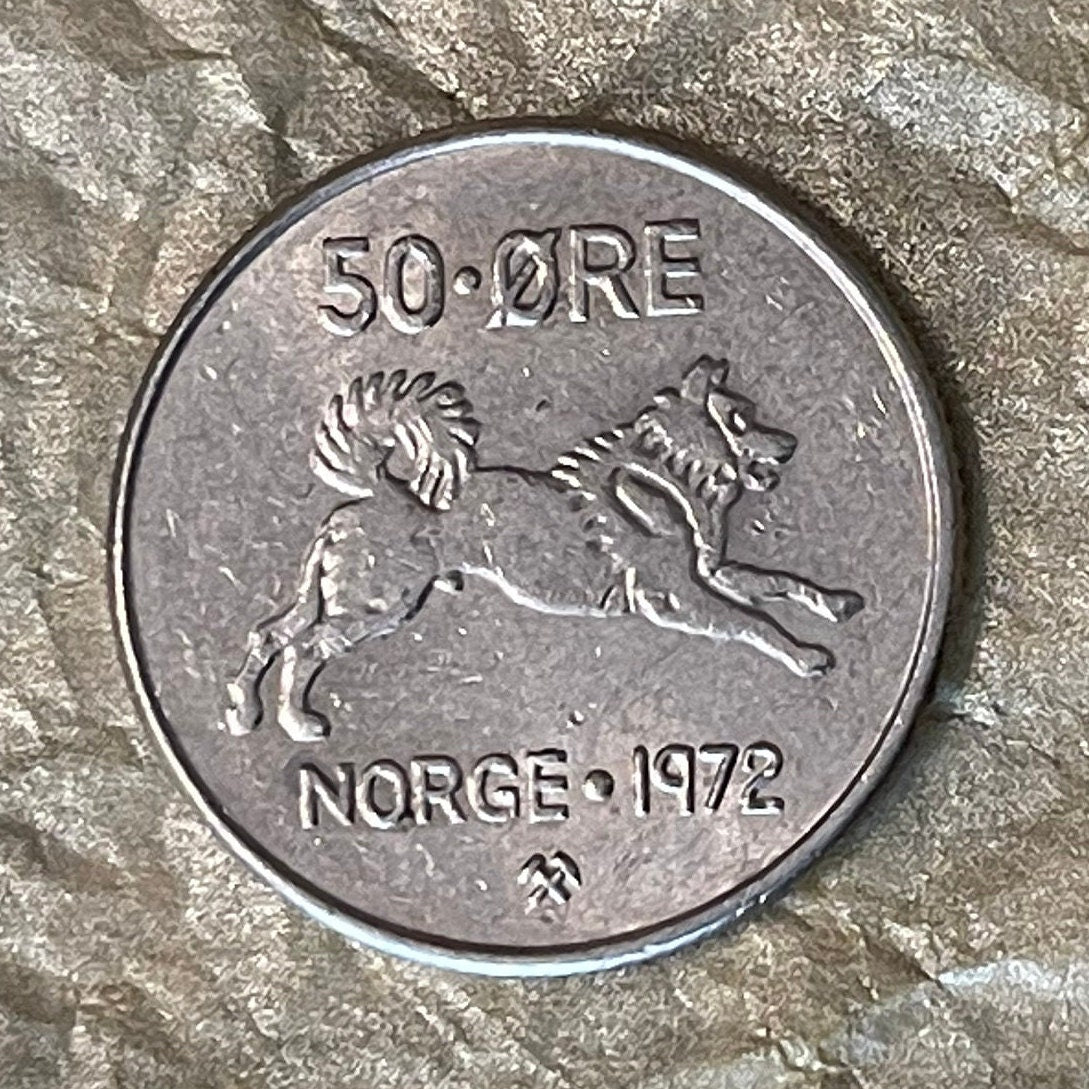 Norwegian Elkhound & King Olav V 50 ØRE Norway Authentic Coin Money for Jewelry and Craft Making (National Dog) (The People's King)