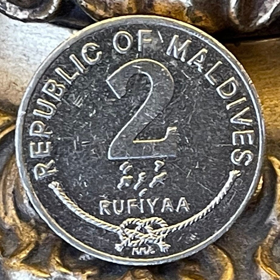 Giant Triton Shell & Reef Knot 2 Rufiyaa Maldives Authentic Coin Money for Jewelry and Craft Making