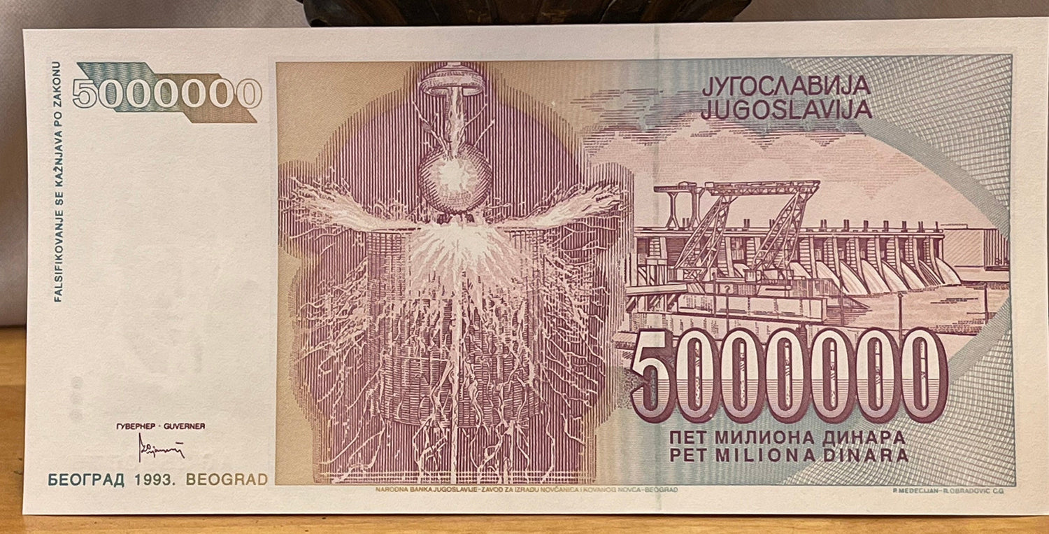 Genius Nikola Tesla & Tesla Coil with Hydropower Plant 5,000,000 Dinara Yugoslavia Authentic Banknote Money for Jewelry (1993) Five Million