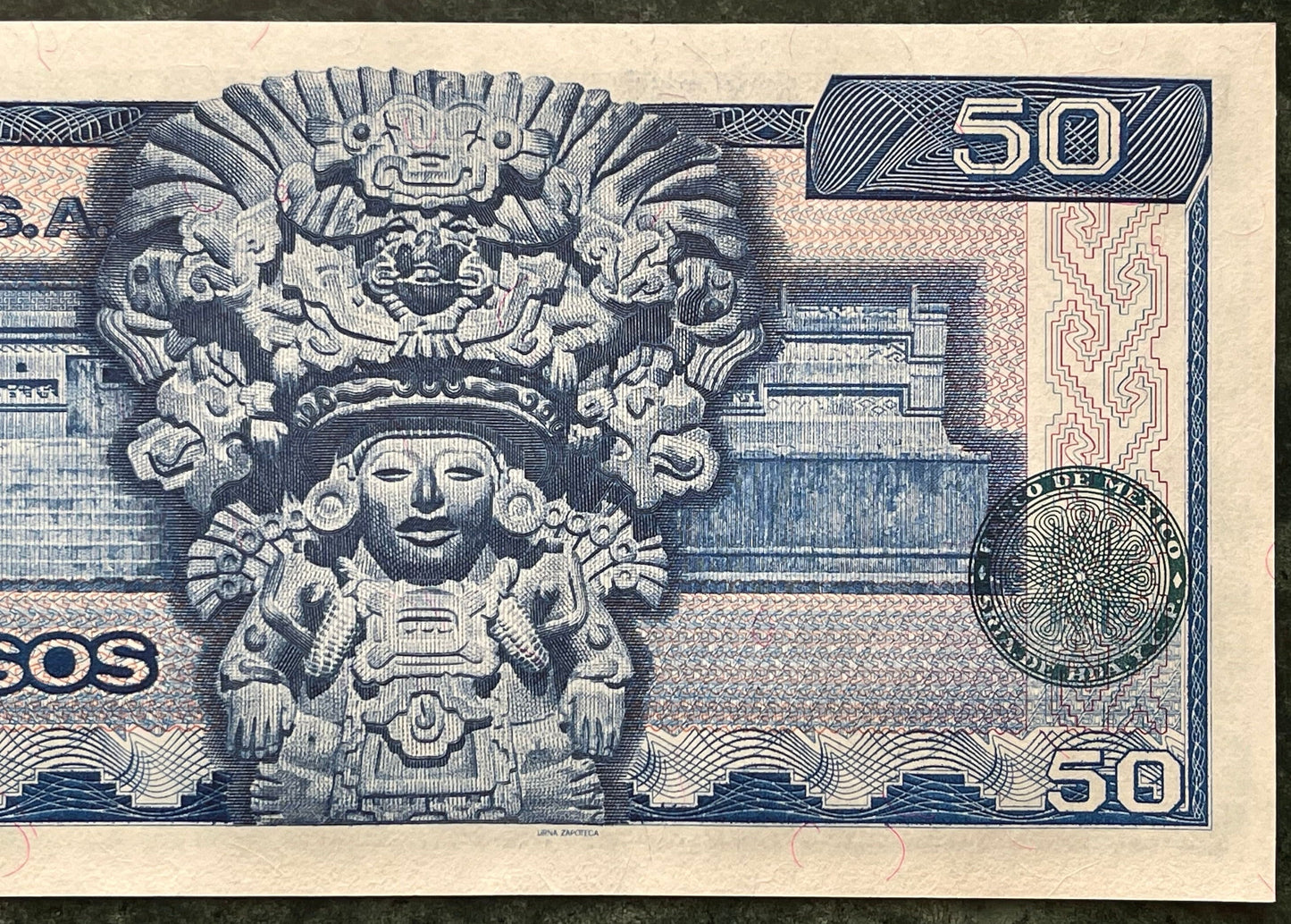 Zapotec Maize God of Abundant Sustenance Pitao Cozobi & Benito Juarez 50 Pesos Mexico Authentic Banknote Money for Collage (Oaxaca) (Palace)