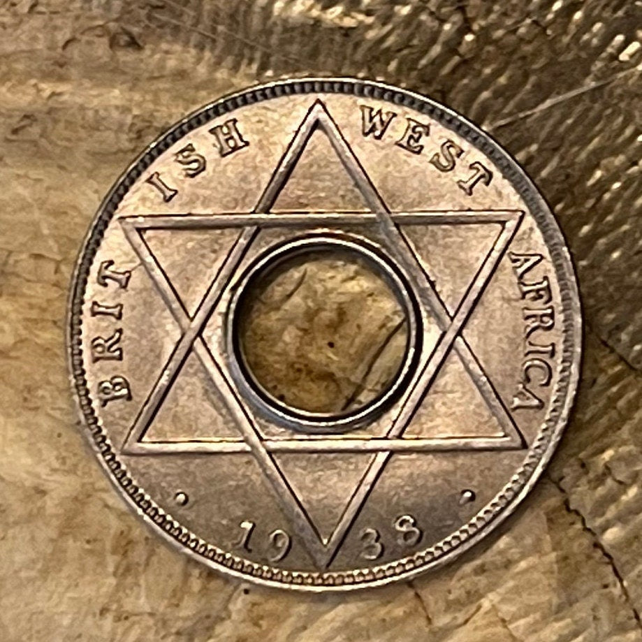 Hexagram Star & George VI Crown with Hole 1/10th Penny British West Africa Authentic Coin Money for Jewelry (King George VI) 6-Pointed Star