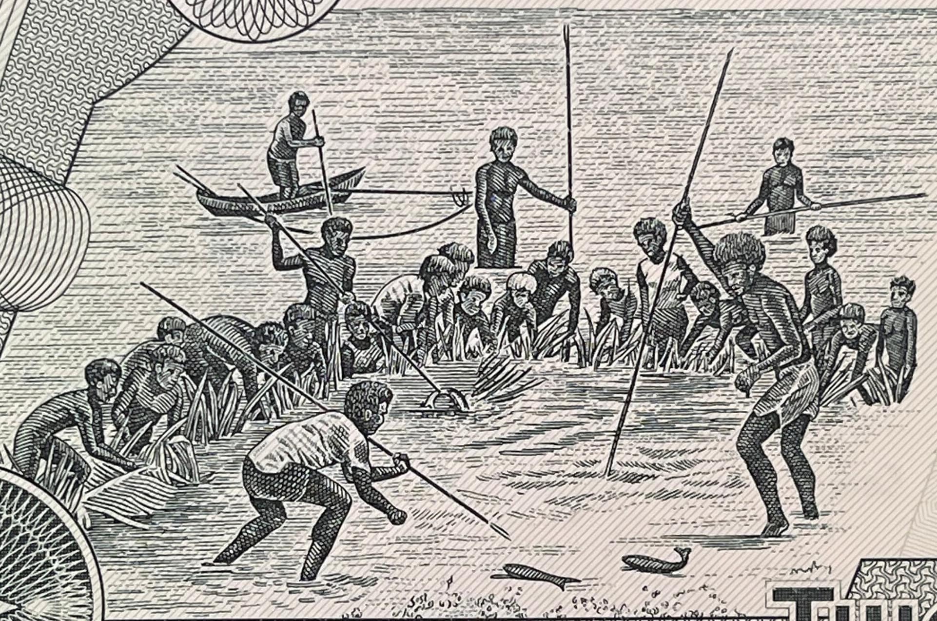 Maraufo Coming of Age Fishing Initiation 2 Dollars Solomon Islands Authentic Banknote Money for Jewelry and Collage (Tuna) (Bokolo) (Falcon)