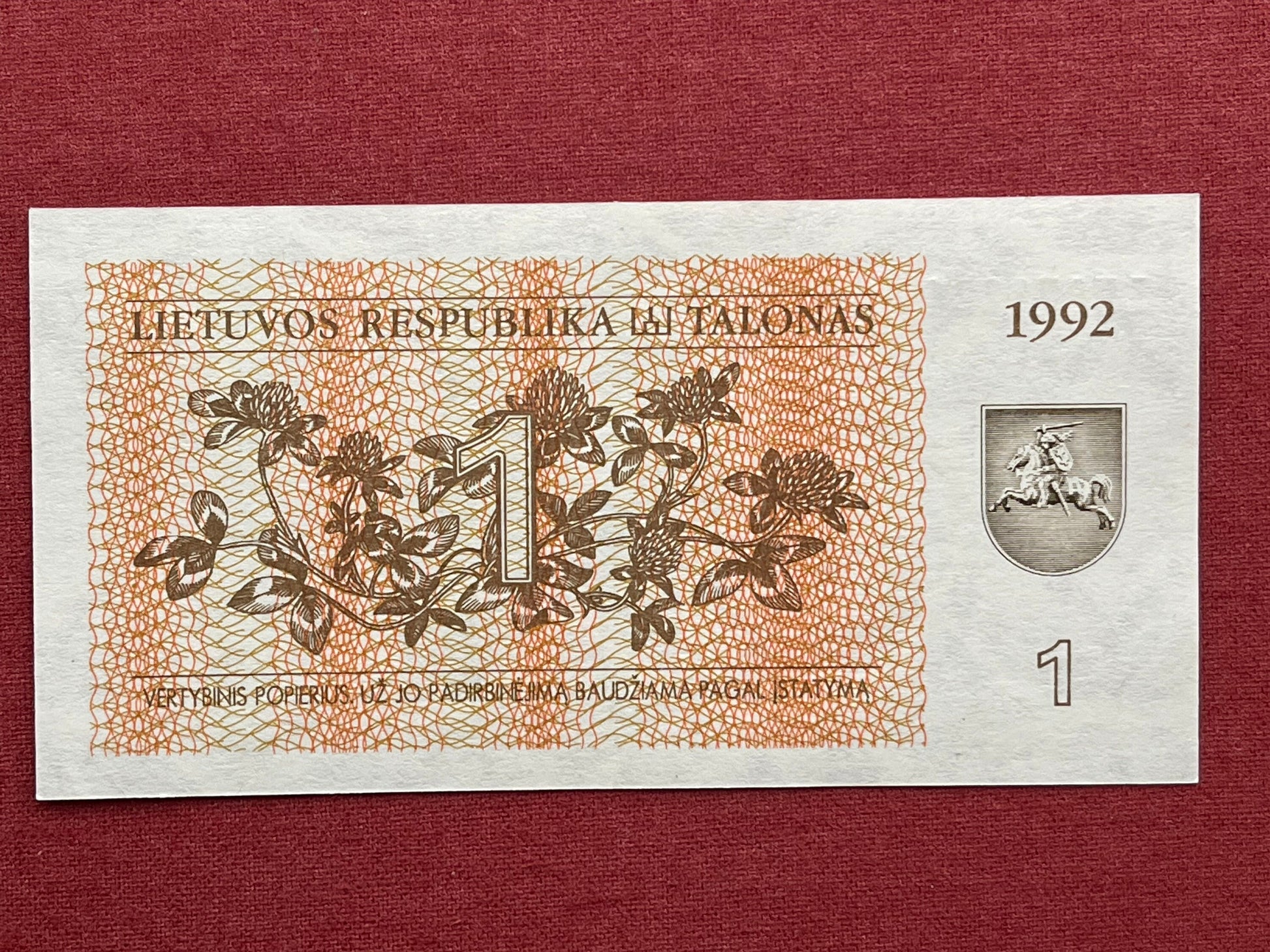 Northern Lapwings & Vytis Knight 1 Talonas Lithuania Authentic Banknote Money for Jewelry and Craft Making (Plover) (Peewit) (Love Birds)