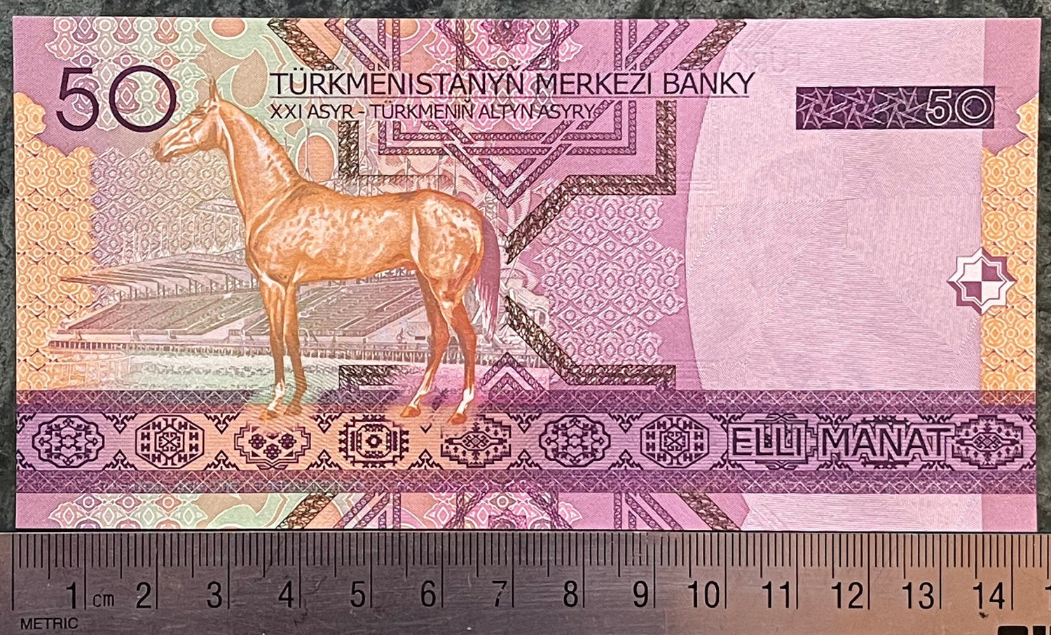 Akhal-Teke Golden Horse & Ashgabat Hippodrome Racecourse and Turkmenbashy 50 Manat Authentic Banknote for Jewelry and Collage