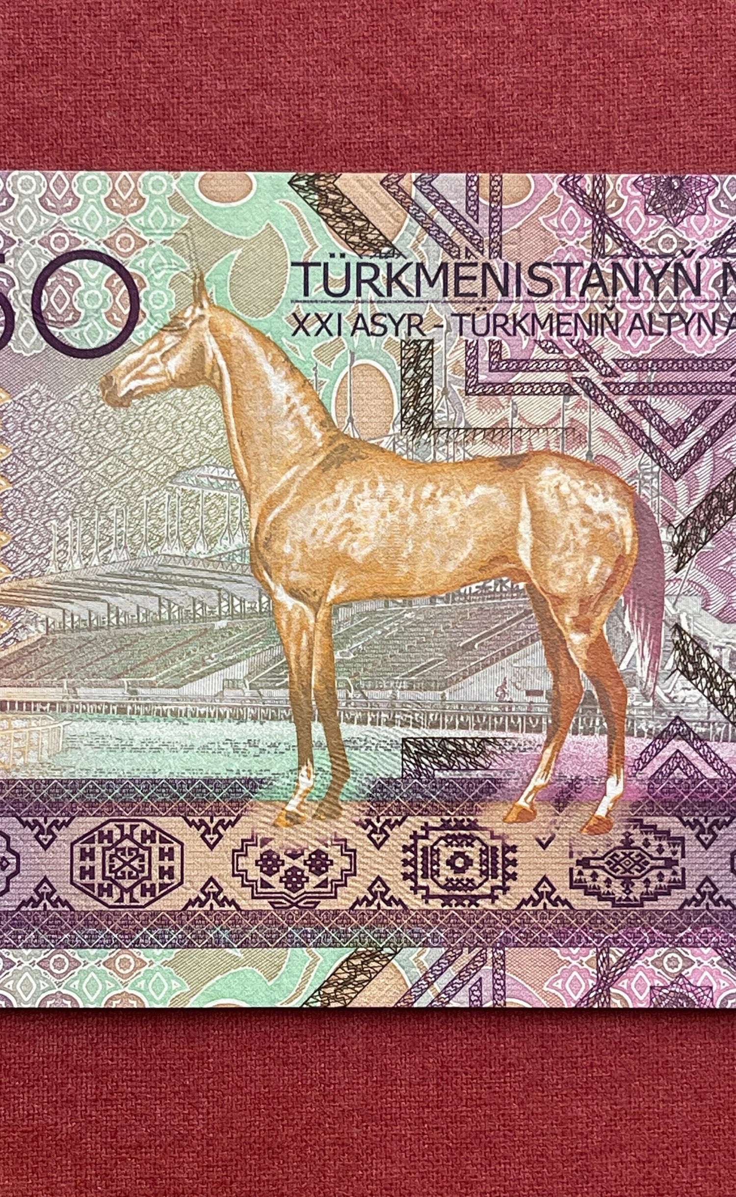 Akhal-Teke Golden Horse & Ashgabat Hippodrome Racecourse and Turkmenbashy 50 Manat Authentic Banknote for Jewelry and Collage