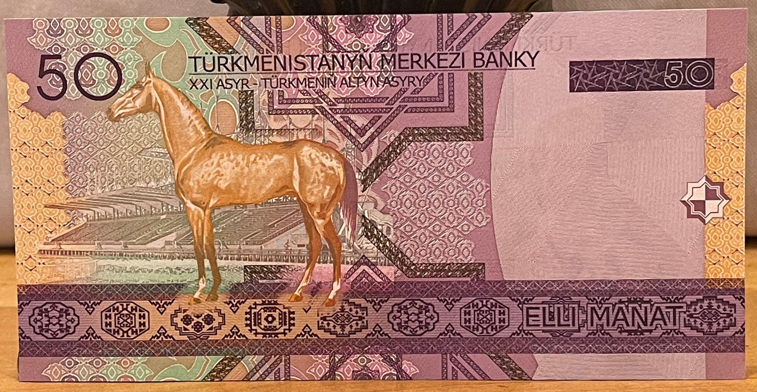 Akhal-Teke Golden Horse & Ashgabat Hippodrome Racecourse and Turkmenbashy 50 Manat Authentic Banknote for Jewelry and Collage