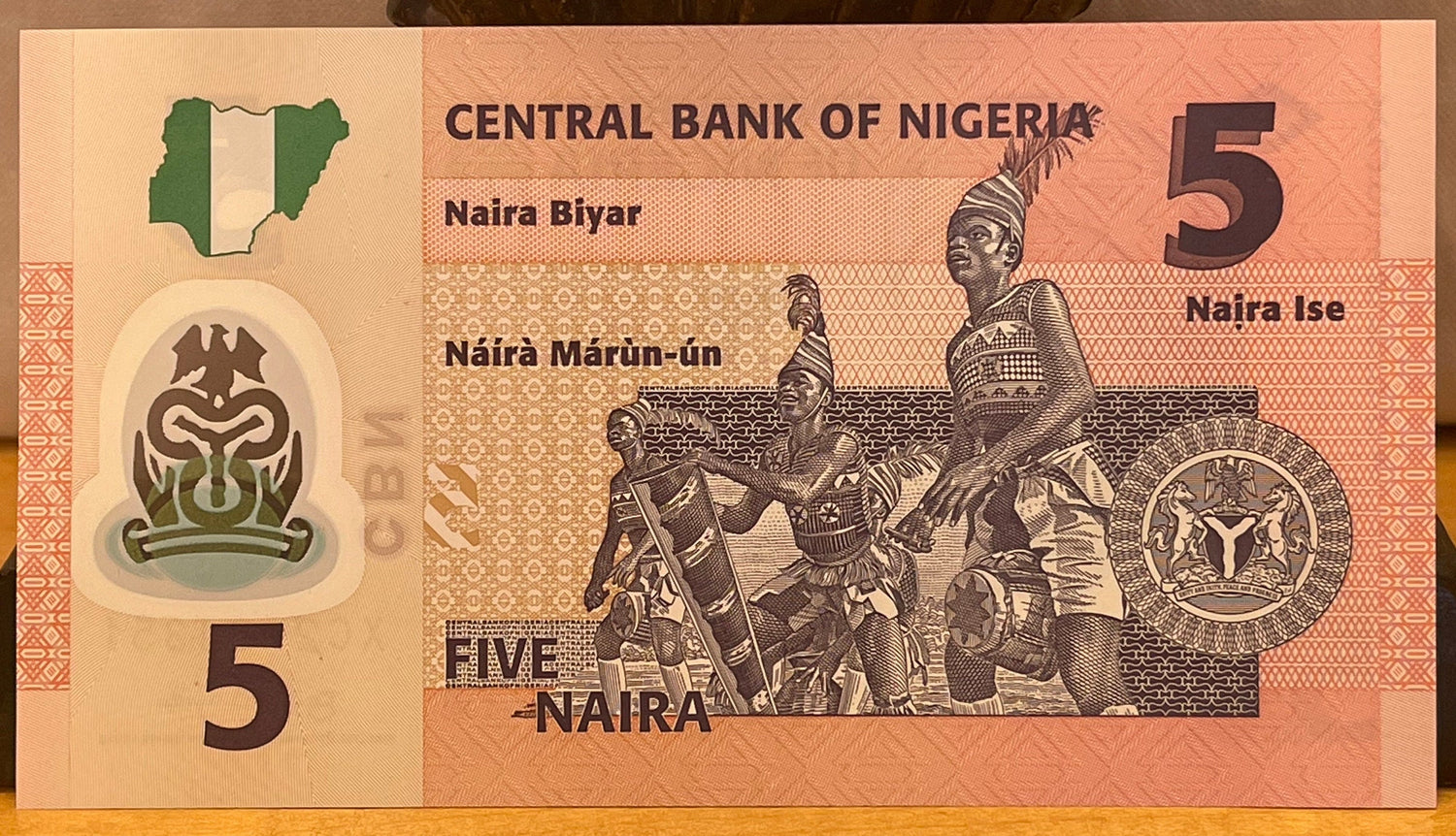 Mkpokiti Cultural Troupe & Alhaji Sir Abubakar Tafawa Balewa 5 Naira Nigeria Authentic Banknote Money for Collage (Polymer) (Drummers) Dance