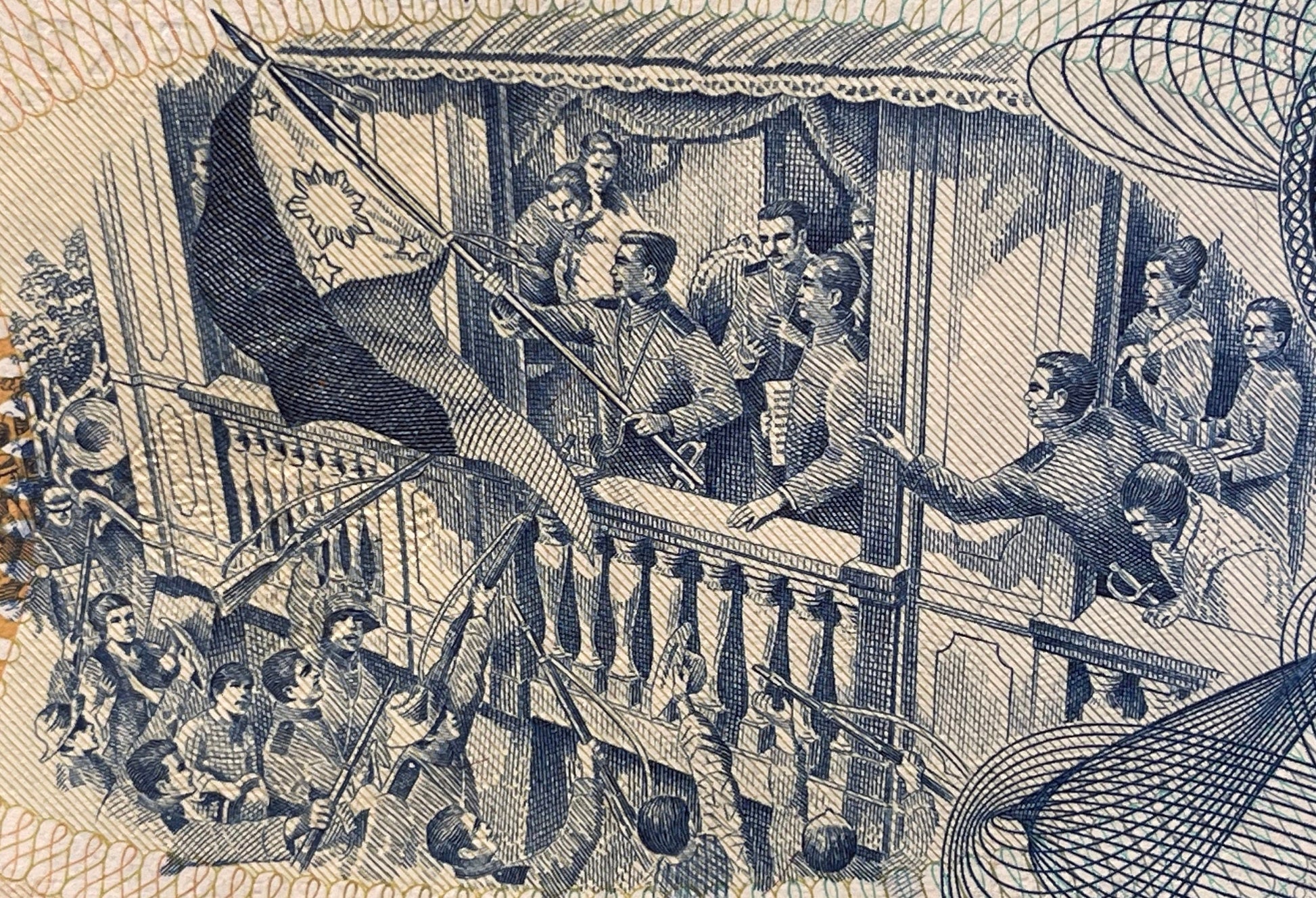 Philippines Declaration of Independence on Emilio Aguinaldo's Balcony & José Rizal 2 Piso Authentic Banknote Money for Collage (Bautista)