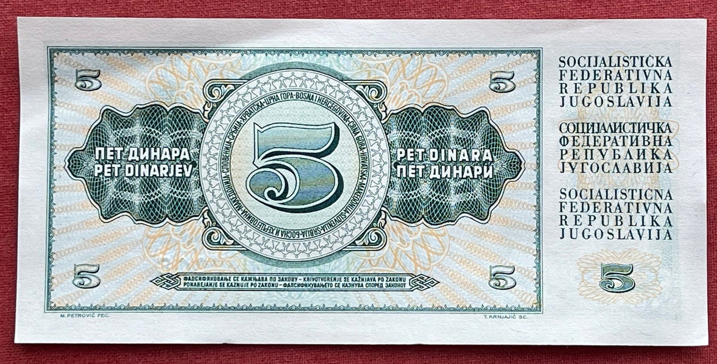 Scythe Woman 5 Dinara Yugoslavia Authentic Banknote Money for Jewelry and Craft Making (Farmer with Sickle) (1968)