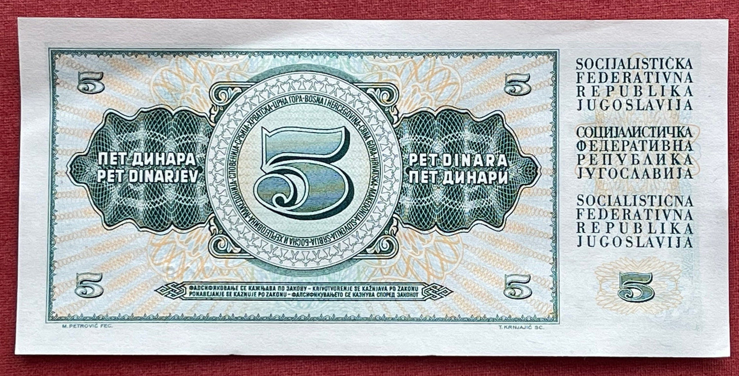 Scythe Woman 5 Dinara Yugoslavia Authentic Banknote Money for Jewelry and Craft Making (Farmer with Sickle) (1968)