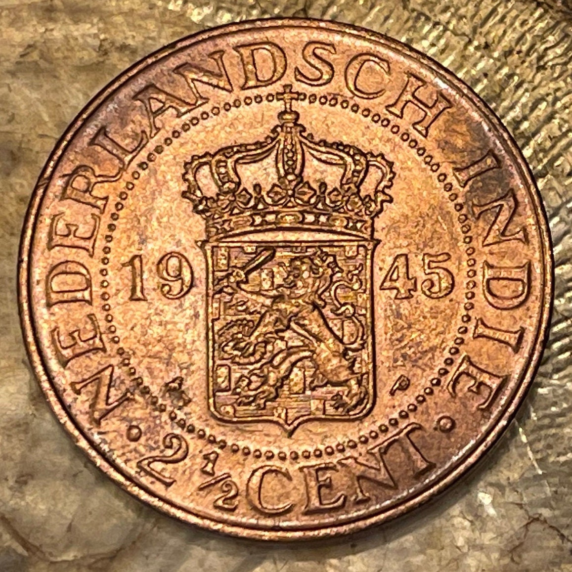 Lion with Sword and Arrows 2 1/2 Cents Netherlands Indies Authentic Coin Money for Jewelry (Dutch East Indies) 1945 (CONDITION: EXTRA FINE)
