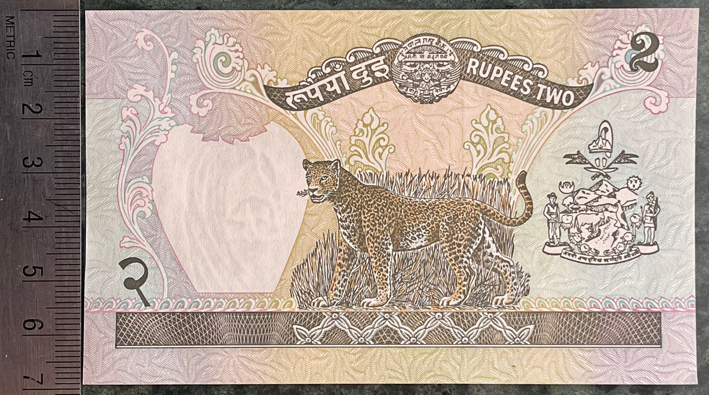 Clouded Leopard, King Birendra, Bajrayogini Temple 2 Rupees Nepal Authentic Banknote Money for Jewelry and Collage (Crown) Tantric Buddhism