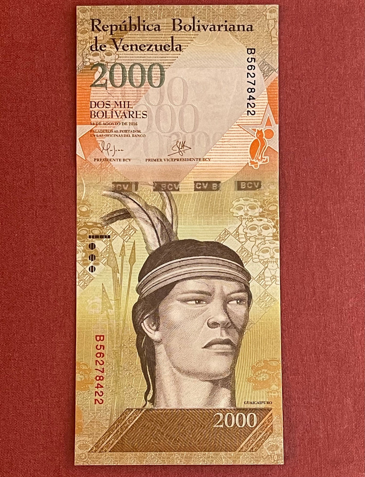 Harpy Eagle & Cacique Guaicaipuro 2000 Bolivares Venezuela Authentic Banknote for Jewelry and Collage (Tepuis) 2016 (Indigenous Resistance)