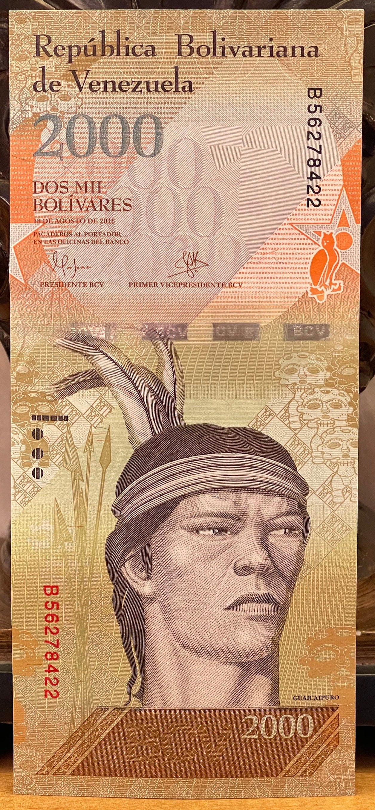 Harpy Eagle & Cacique Guaicaipuro 2000 Bolivares Venezuela Authentic Banknote for Jewelry and Collage (Tepuis) 2016 (Indigenous Resistance)