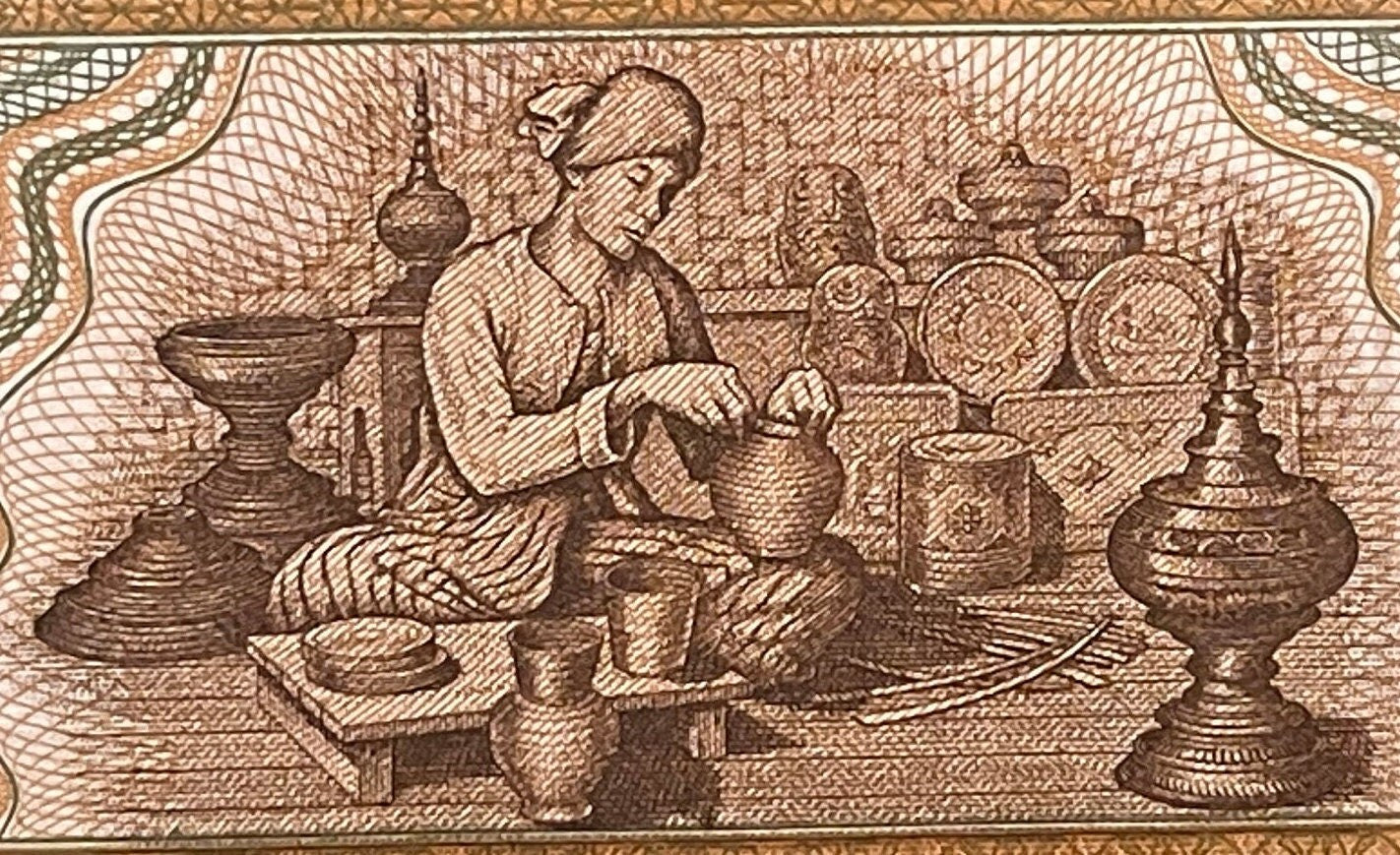 Chinthe Leogryph (Lion) & Burmese Lacquerware Artisan 50 Kyats Myanmar Authentic Banknote Money for Jewelry and Collage