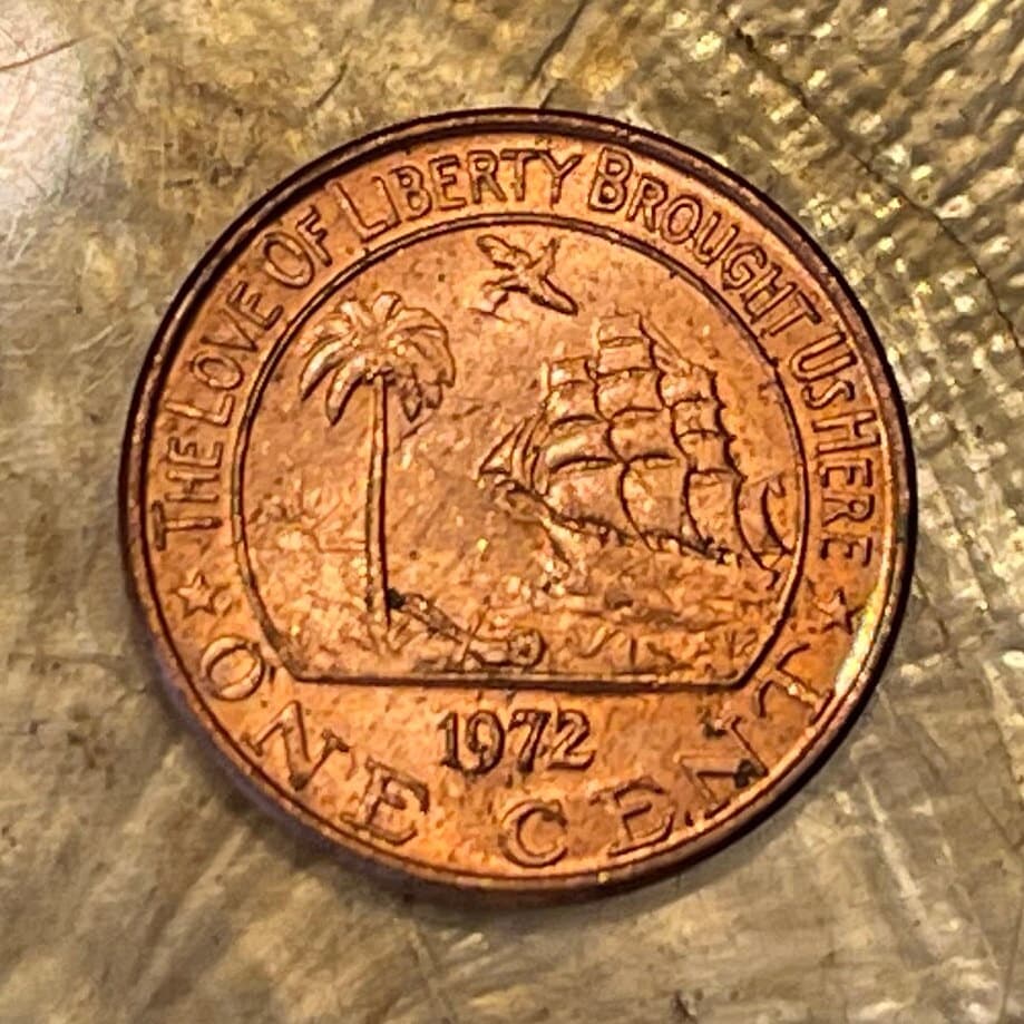 Sailing Ship with Palm Tree & Forest Elephant 1 Cent Liberia Authentic Coin Money for Jewelry (The Love of Liberty Brought Us Here) BLM