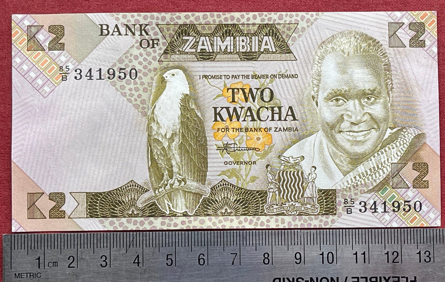 President Kenneth Kaunda and African Eagle & Teacher with Student 2 Kwacha Zambia Authentic Banknote Money for Jewelry and Collage (Kwanzaa)
