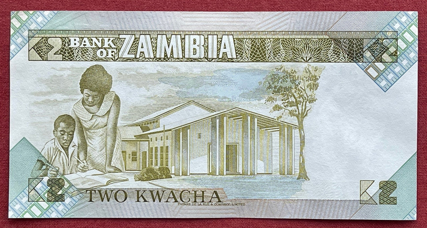 President Kenneth Kaunda and African Eagle & Teacher with Student 2 Kwacha Zambia Authentic Banknote Money for Jewelry and Collage (Kwanzaa)