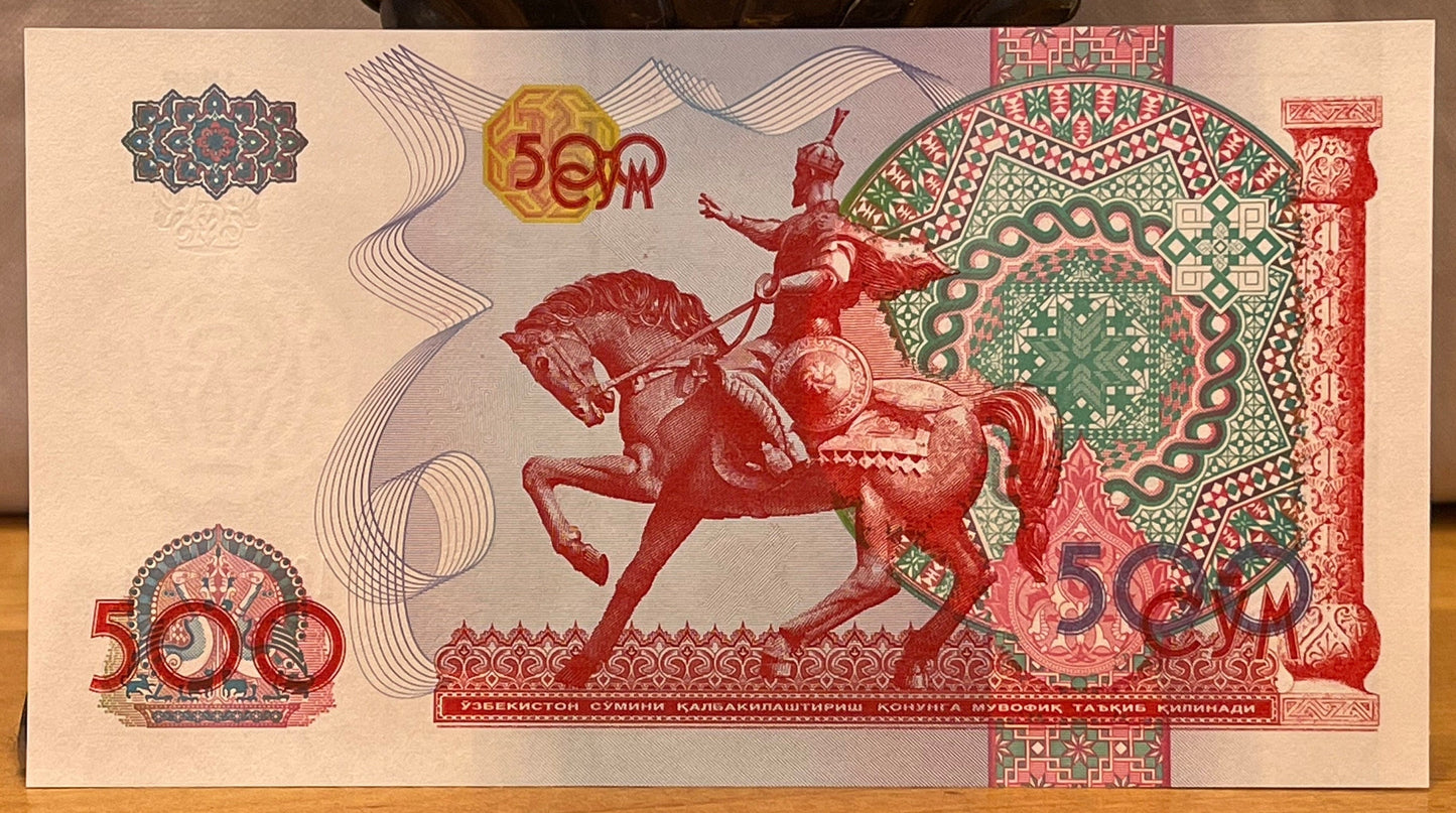 Tamerlane on Horseback 500 S'om Uzbekistan Authentic Banknote Money for Jewelry and Collage (1999) (Ghazi) (Equestrian Statue) (Amir Timur)