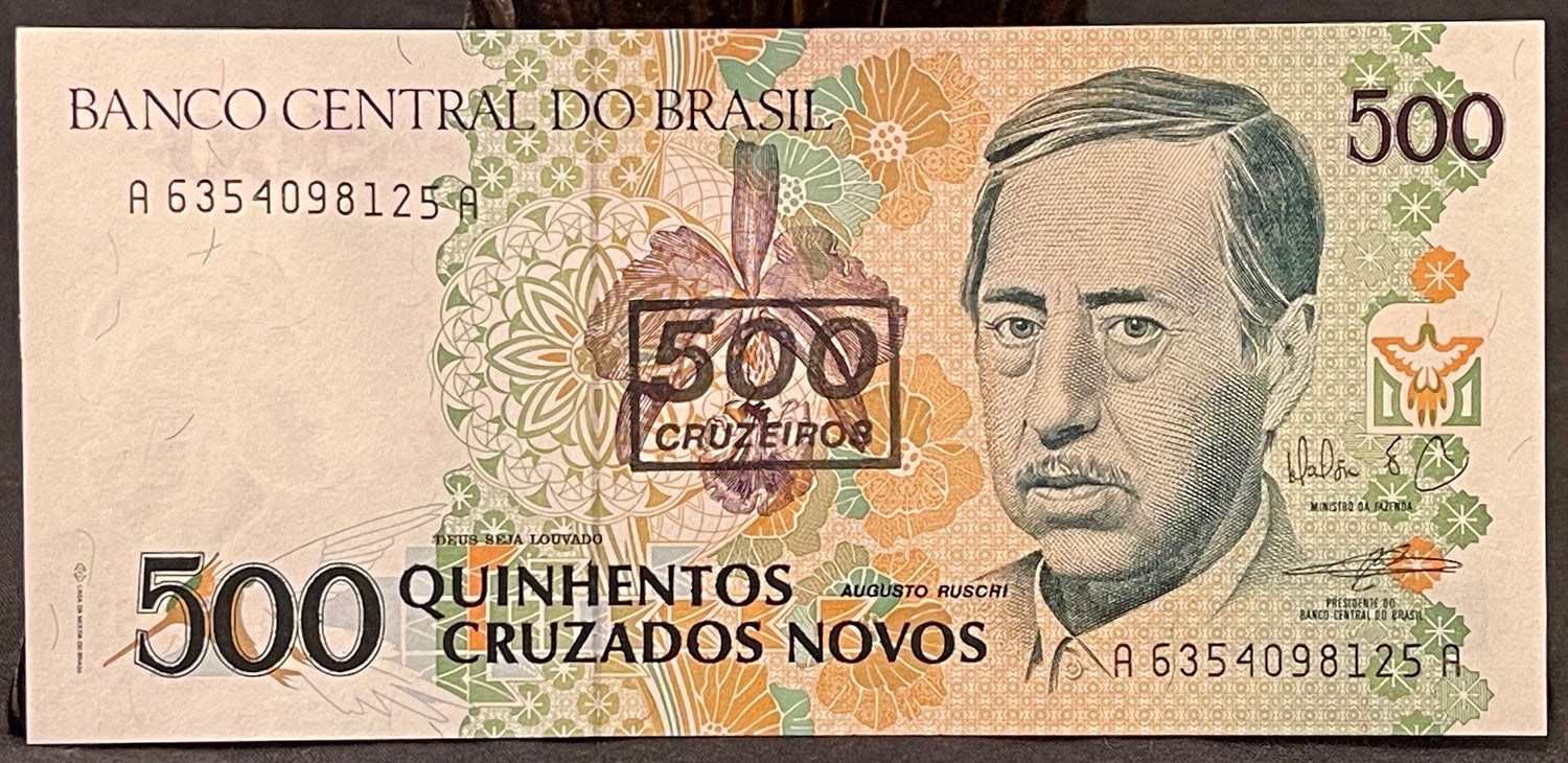 Swallow-Tailed Hummingbird, Environmentalist Augusto Ruschi & Cattleya Orchids 500 Cruzieros Brazil Authentic Banknote Money for Collage