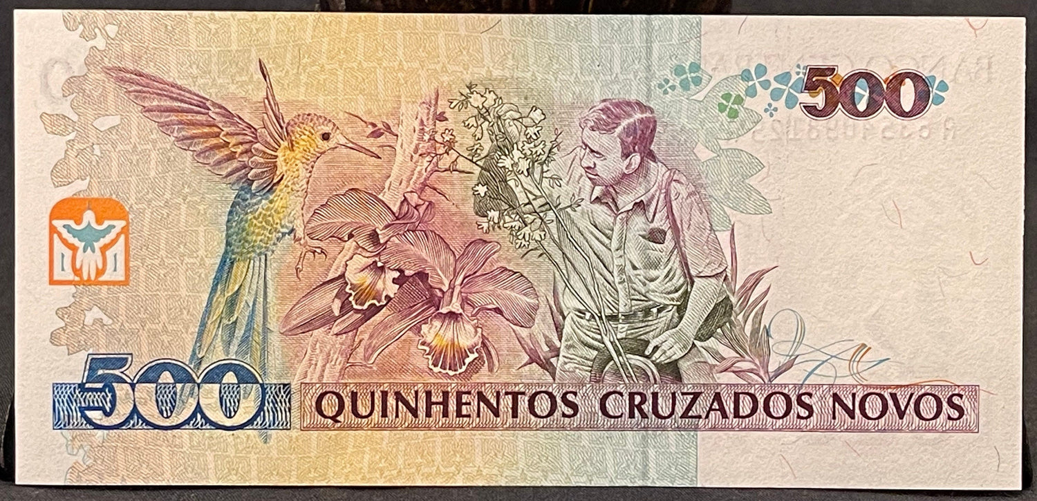 Swallow-Tailed Hummingbird, Environmentalist Augusto Ruschi & Cattleya Orchids 500 Cruzieros Brazil Authentic Banknote Money for Collage