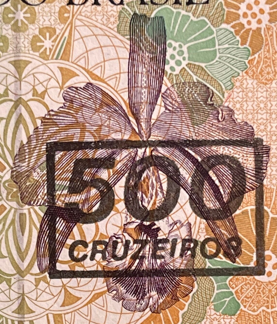 Swallow-Tailed Hummingbird, Environmentalist Augusto Ruschi & Cattleya Orchids 500 Cruzieros Brazil Authentic Banknote Money for Collage