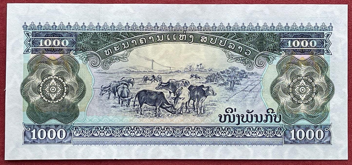 Diverse Lao Women; Indra Riding Airavata; Pha That Luang Buddhist Stupa & Cattle Grazing 1000 Kip Laos Authentic Banknote Money for Collage