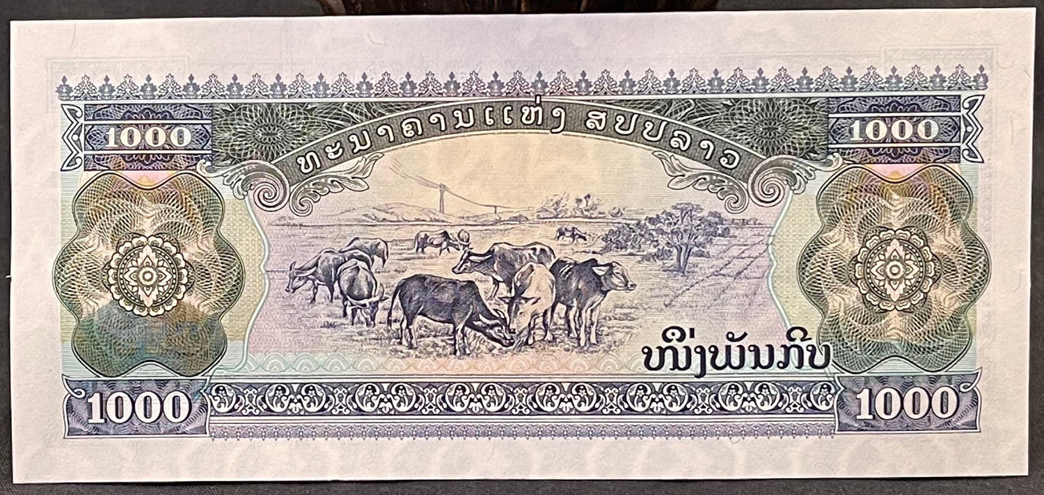 Diverse Lao Women; Indra Riding Airavata; Pha That Luang Buddhist Stupa & Cattle Grazing 1000 Kip Laos Authentic Banknote Money for Collage