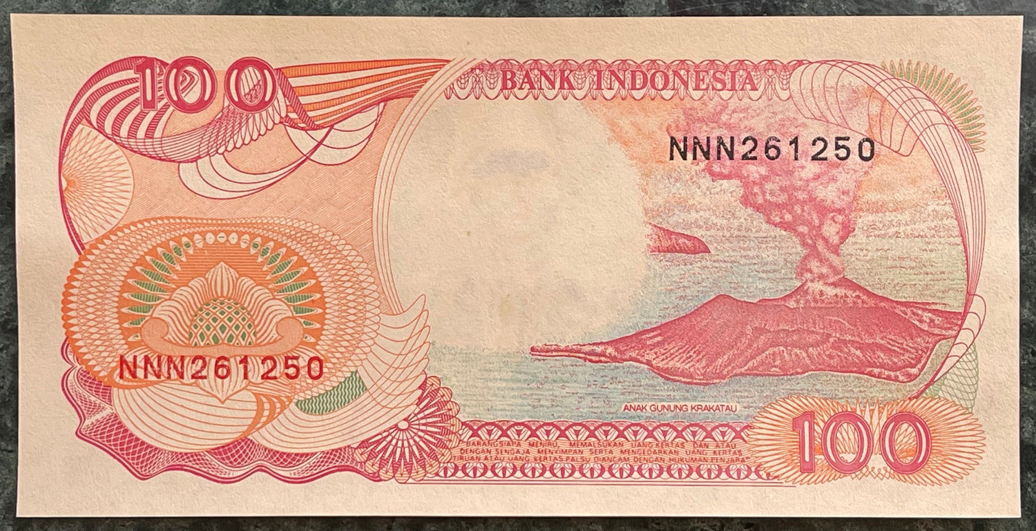 Krakatoa Volcano & Pinisi Sailboat 100 Rupiah Indonesia Authentic Banknote Money for Jewelry and Collage (Garuda) (Volcanic Winter)