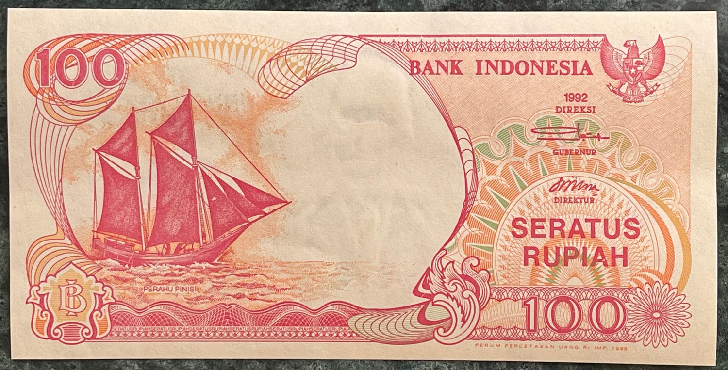 Krakatoa Volcano & Pinisi Sailboat 100 Rupiah Indonesia Authentic Banknote Money for Jewelry and Collage (Garuda) (Volcanic Winter)