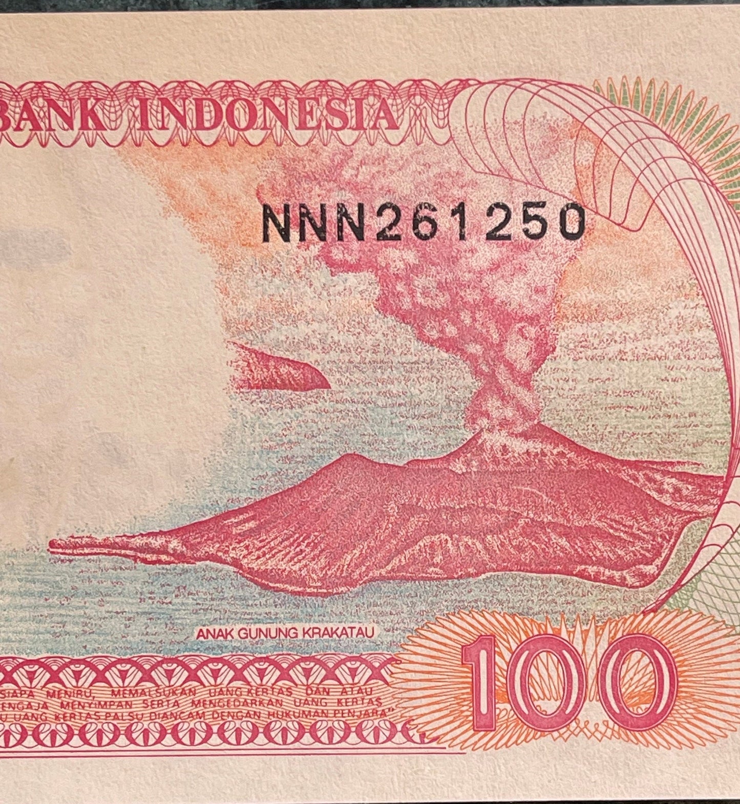 Krakatoa Volcano & Pinisi Sailboat 100 Rupiah Indonesia Authentic Banknote Money for Jewelry and Collage (Garuda) (Volcanic Winter)