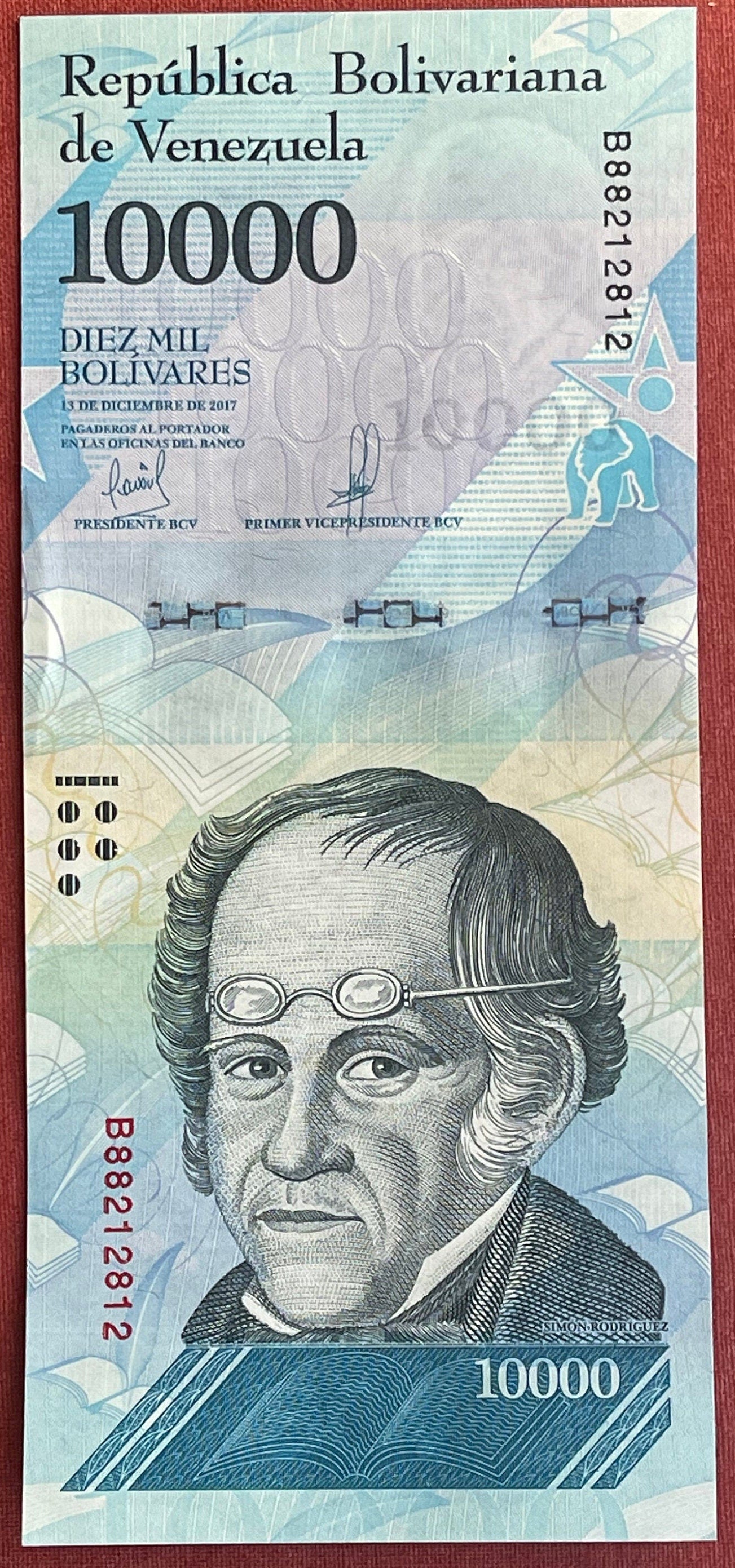 Andean Spectacled Bear & Philosopher Simón Rodríguez 10,000 Bolívares Venezuela Authentic Banknote Money for Jewelry and Collage (Educator)