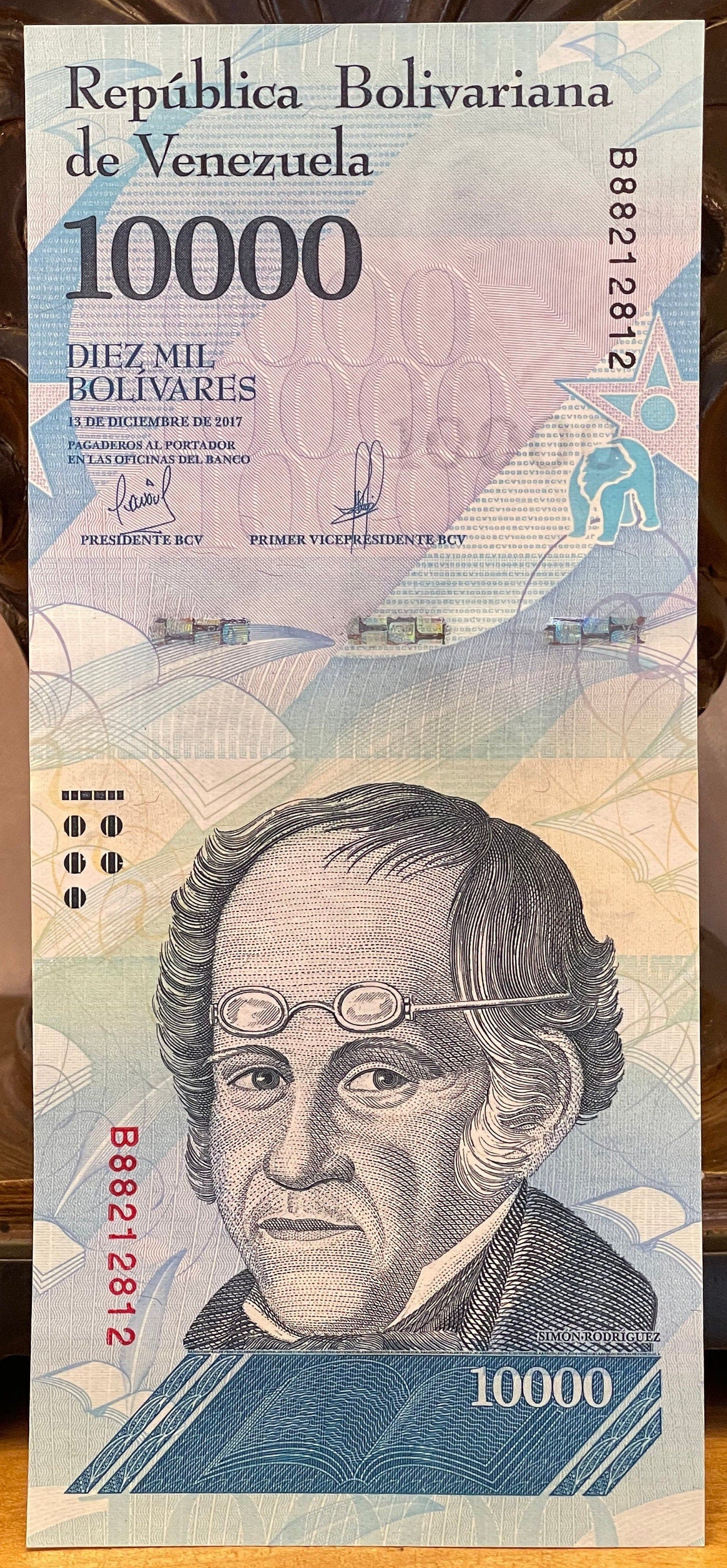 Andean Spectacled Bear & Philosopher Simón Rodríguez 10,000 Bolívares Venezuela Authentic Banknote Money for Jewelry and Collage (Educator)