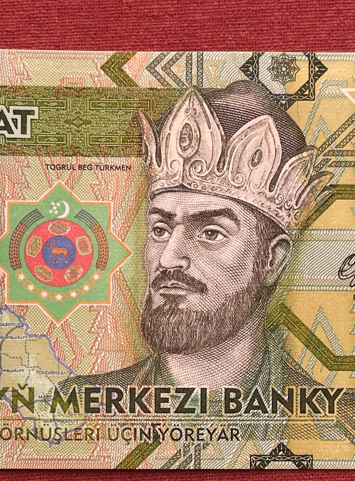 Seljuk Empire Founder Tughril & Falcon-Shaped Airport 1 Manat Turkmenistan Authentic Banknote Money for Collage (Aşgabat Airport) Satellite