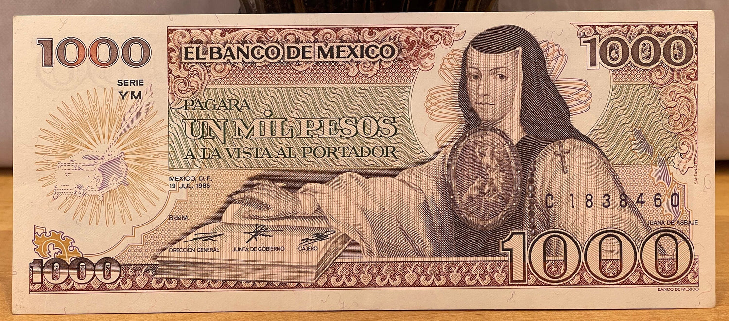 Poet Sor Juana Inés de la Cruz & Church of Santo Domingo 1000 Pesos Mexico Authentic Banknote Money for Jewelry and Collage (Tenth Muse)