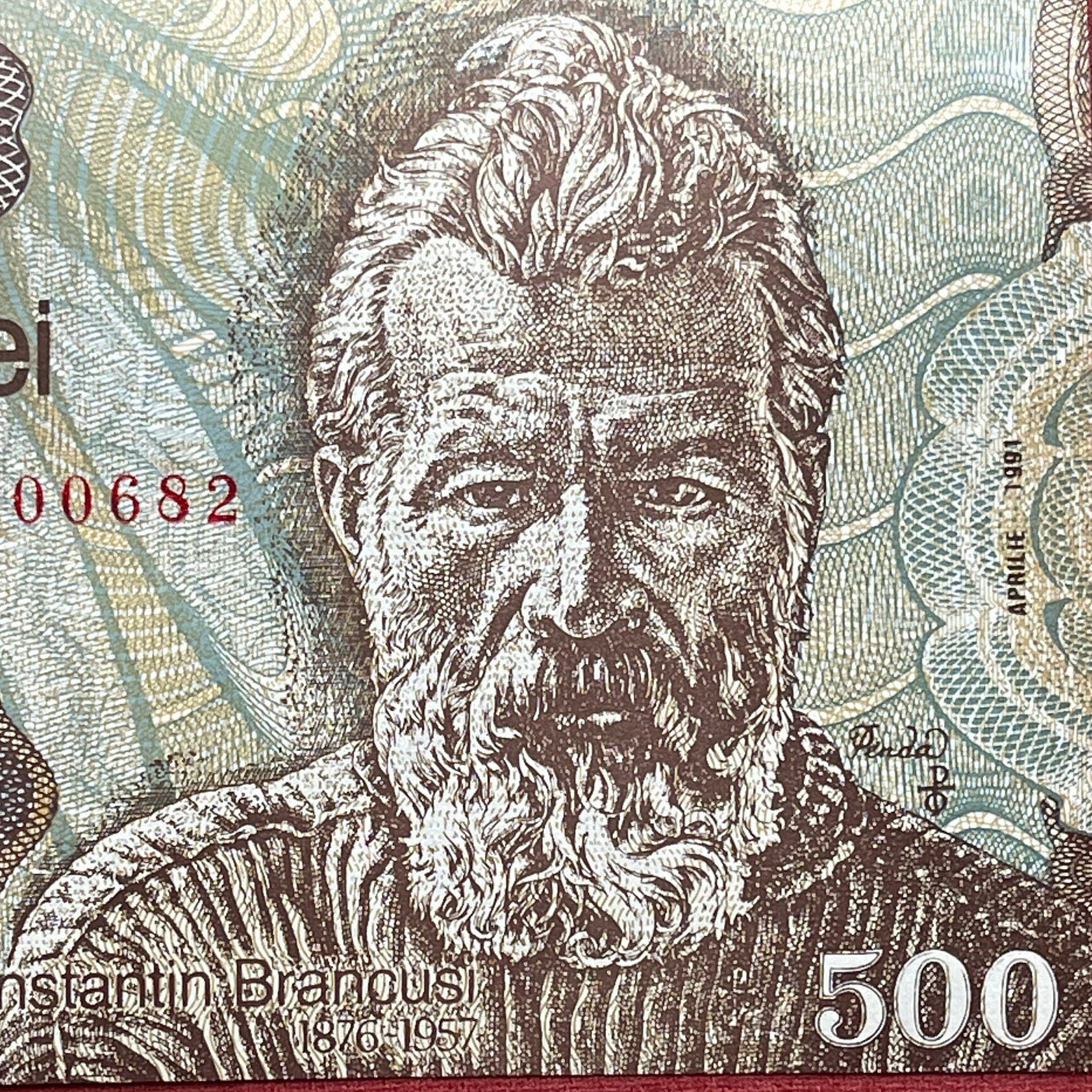 Sculptor Constantin Brâncuși & Endless Column 500 Lei Romania Authentic Banknote Money for Jewelry and Collage (1991)