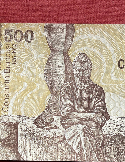 Sculptor Constantin Brâncuși & Endless Column 500 Lei Romania Authentic Banknote Money for Jewelry and Collage (1991)