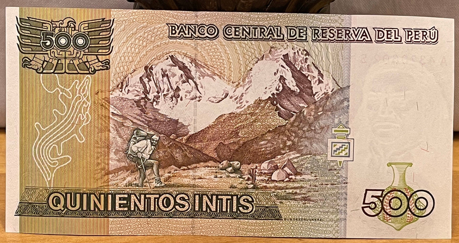 Revolutionary Tupac Amaru II & Huascarán Twin Peaks 500 Intis Peru Authentic Banknote Money for Jewelry and Collage (Mountaineer) (Mataraju)