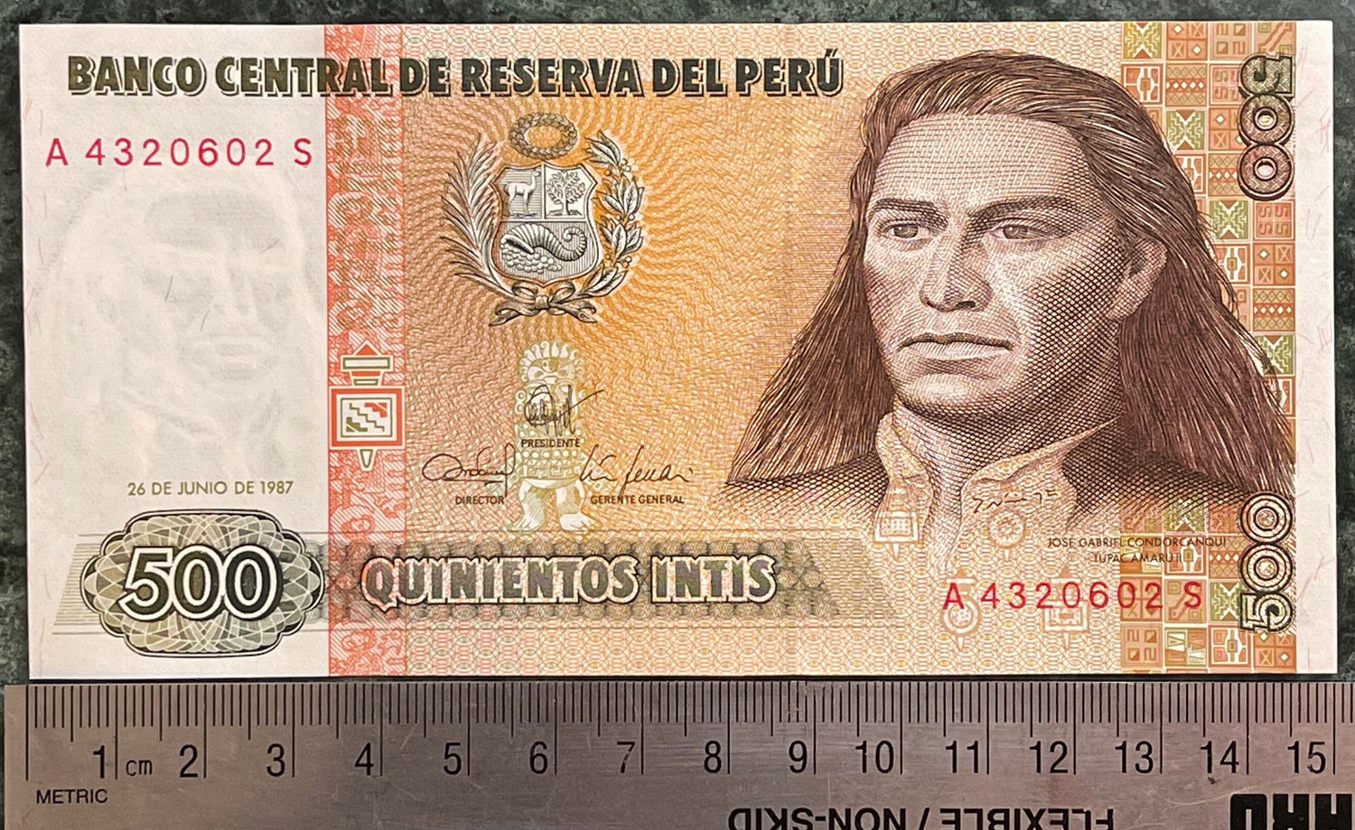 Revolutionary Tupac Amaru II & Huascarán Twin Peaks 500 Intis Peru Authentic Banknote Money for Jewelry and Collage (Mountaineer) (Mataraju)