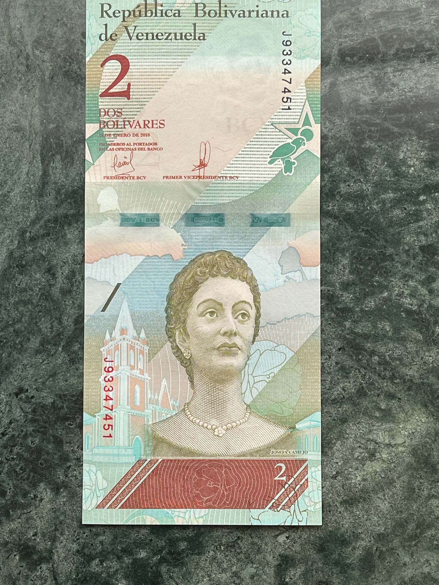 Doña Ignacia Josefa Camejo & Yellow-Crowned Parrot 2 Bolívares Venezuela Authentic Banknote Money for Collage (Revolutionary) (Lady Ardent)